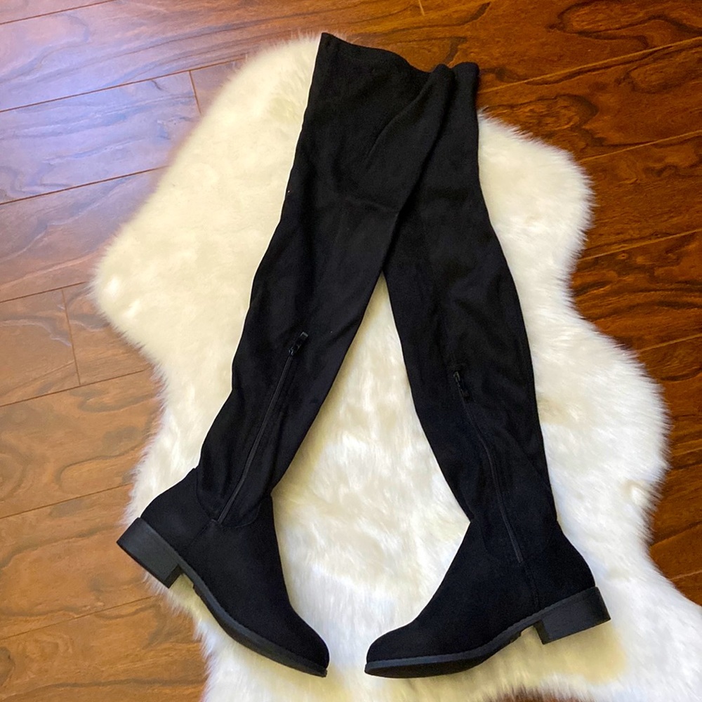 Nature Breeze Olympia black faux  suede thigh high boots in size 8